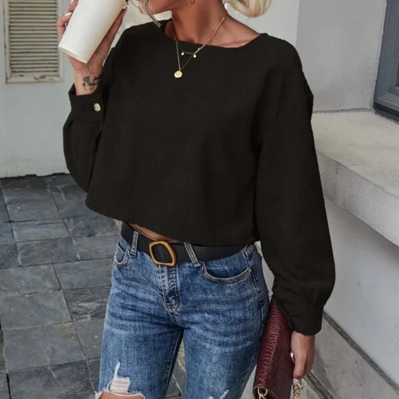 Classic Black Corduroy Cropped Top Minimalist y2k - Picture 2 of 14